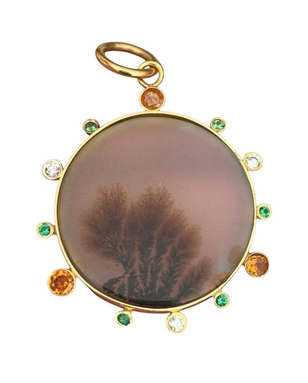 Dendritic Agate Pendant with Emeralds, Mandarin Garnets and 14k Gold