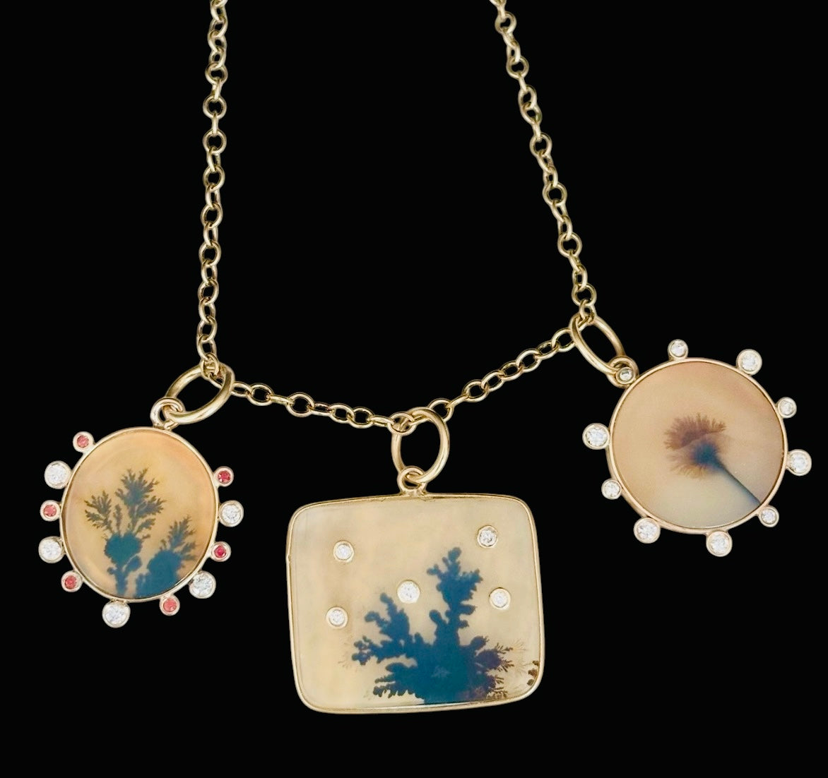 Dendritic Agate Pendant with Diamonds & Sapphires