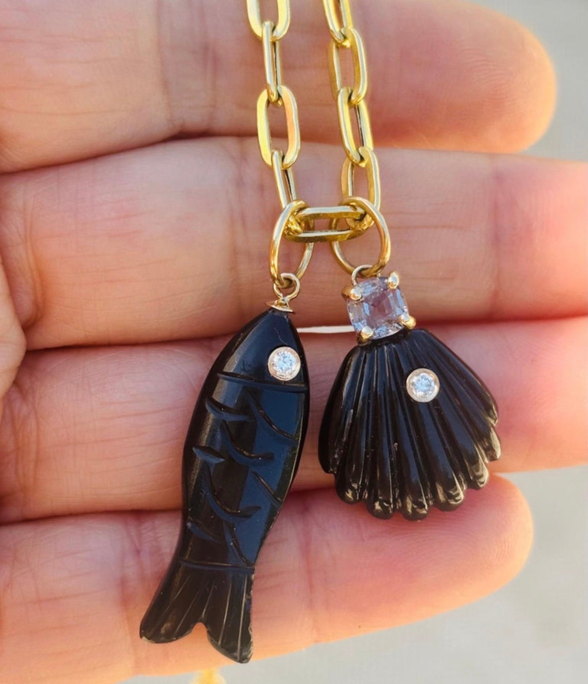 Black Onyx Shell Pendant with Diamond, Silver Spinel and 14k Gold