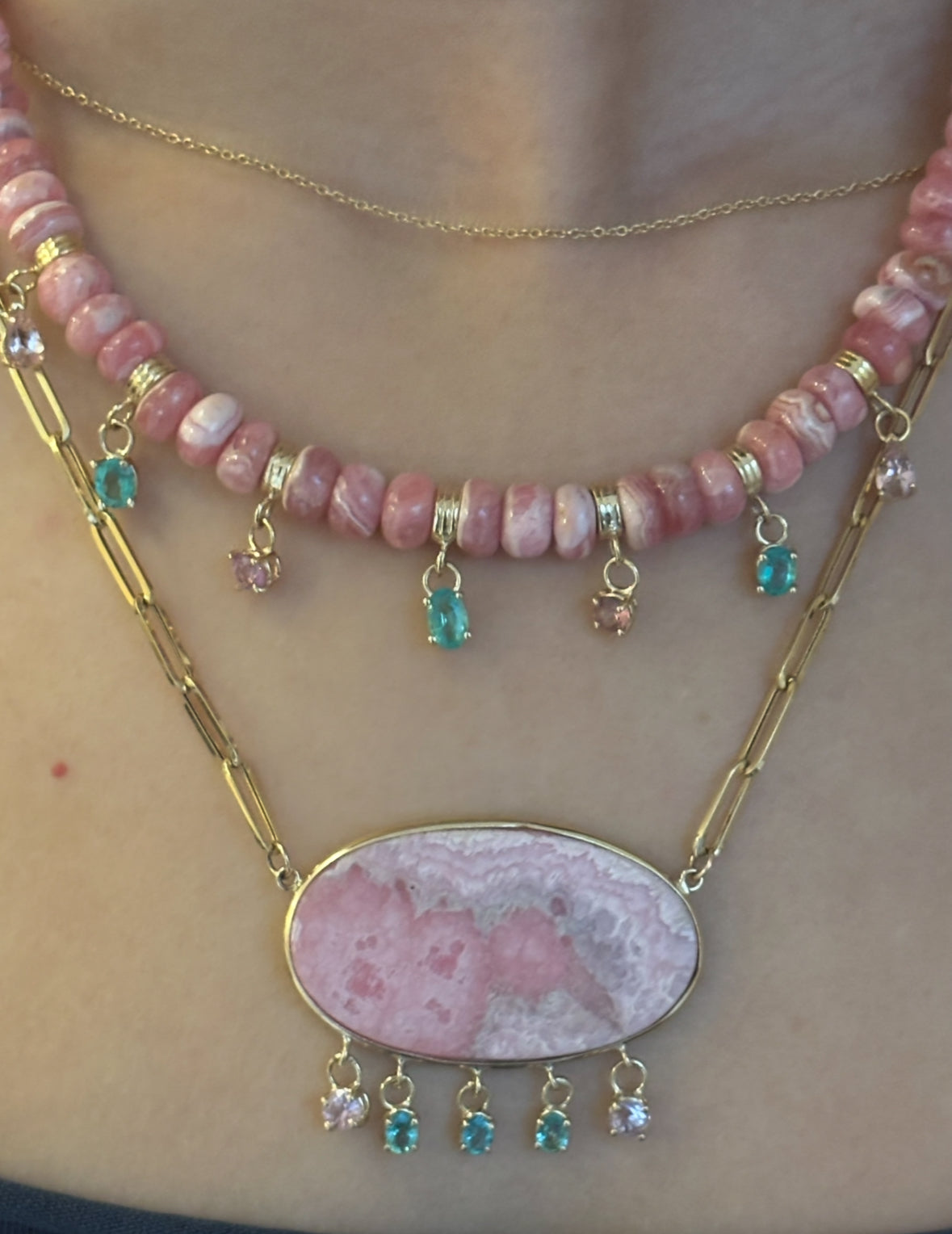 Rhodochrosite Fringe Necklace with Emeralds & Pink Spinel