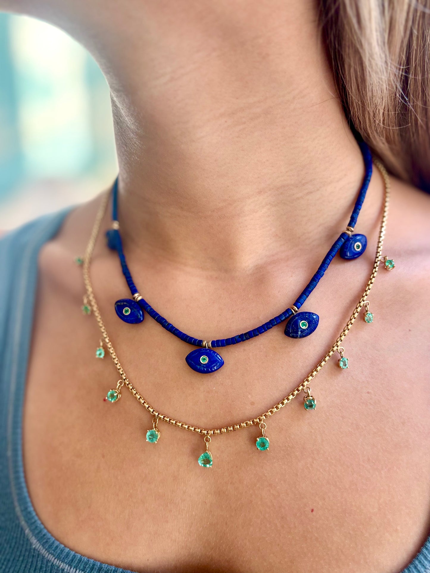 Lapis Evil EyeS Necklace with Diamonds & Emeralds