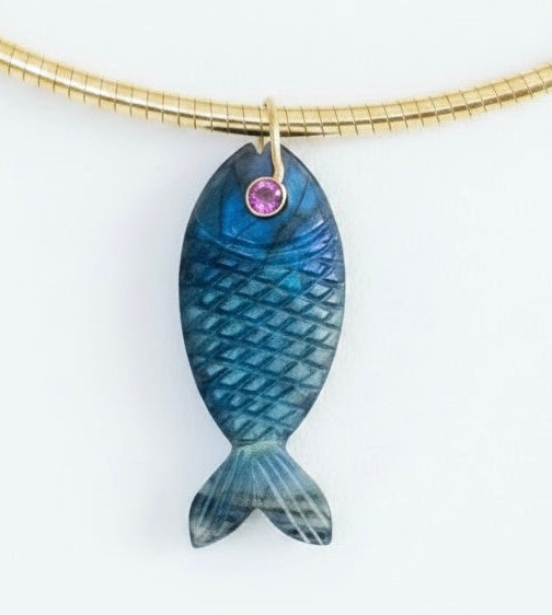 Labradorite Fish Pendant with Double Sided Pink Tourmaline Eyes & 14k Gold