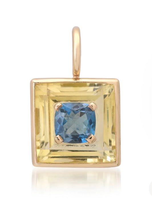 Disco Pendant: Citrine Square, London Blue Topaz & 14k Gold