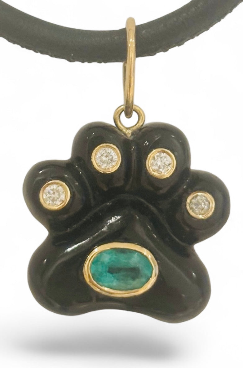 Dog Paw Pendant, Black Onyx, Diamonds & Emerald