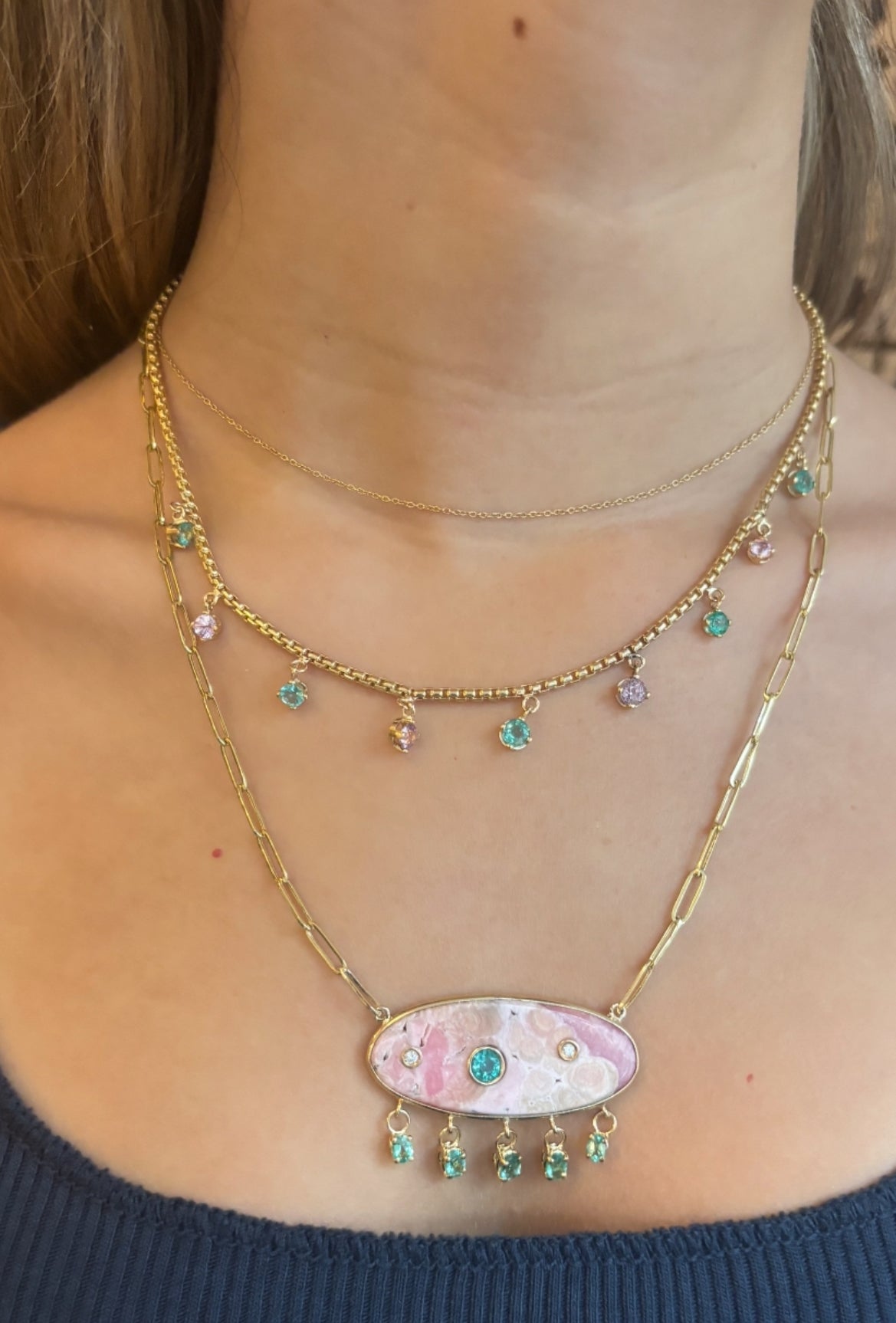 Rhodochrosite Necklace, with Emeralds & Diamonds on a Paperclip Chain