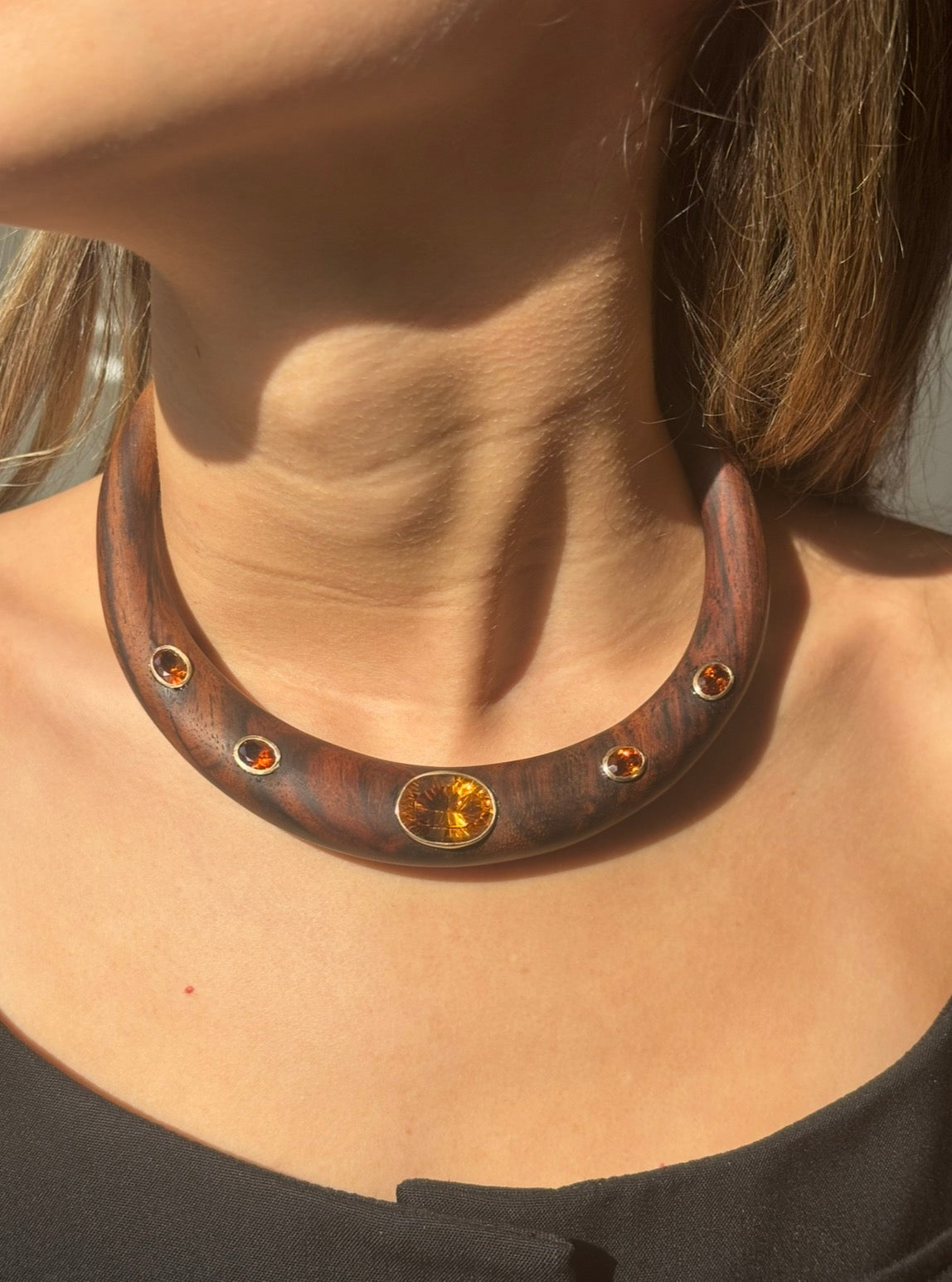 Wood Collar Necklace with Madeira Citrines
