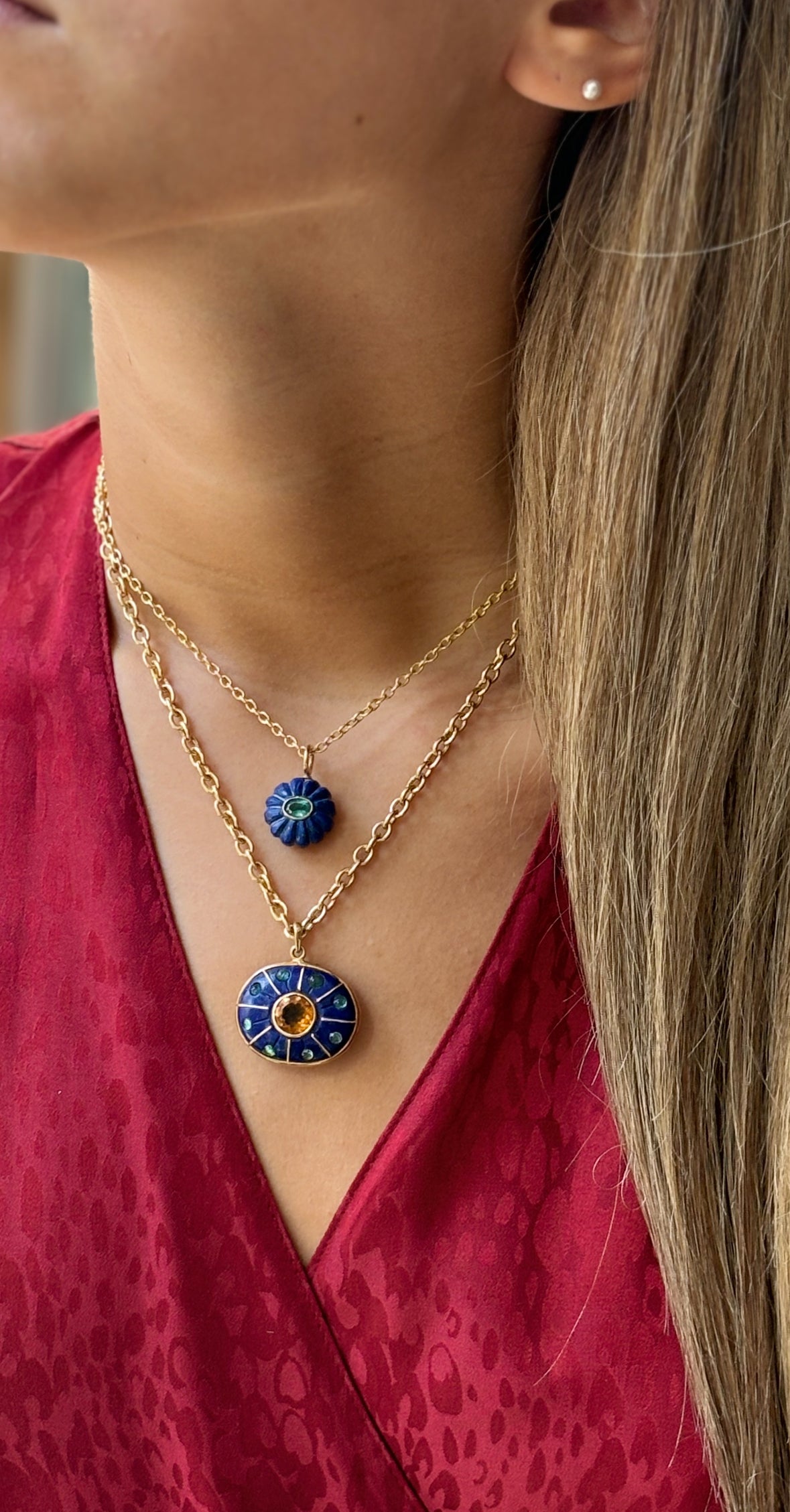 S O L Pendant, lapis, citrine, emeralds and gold