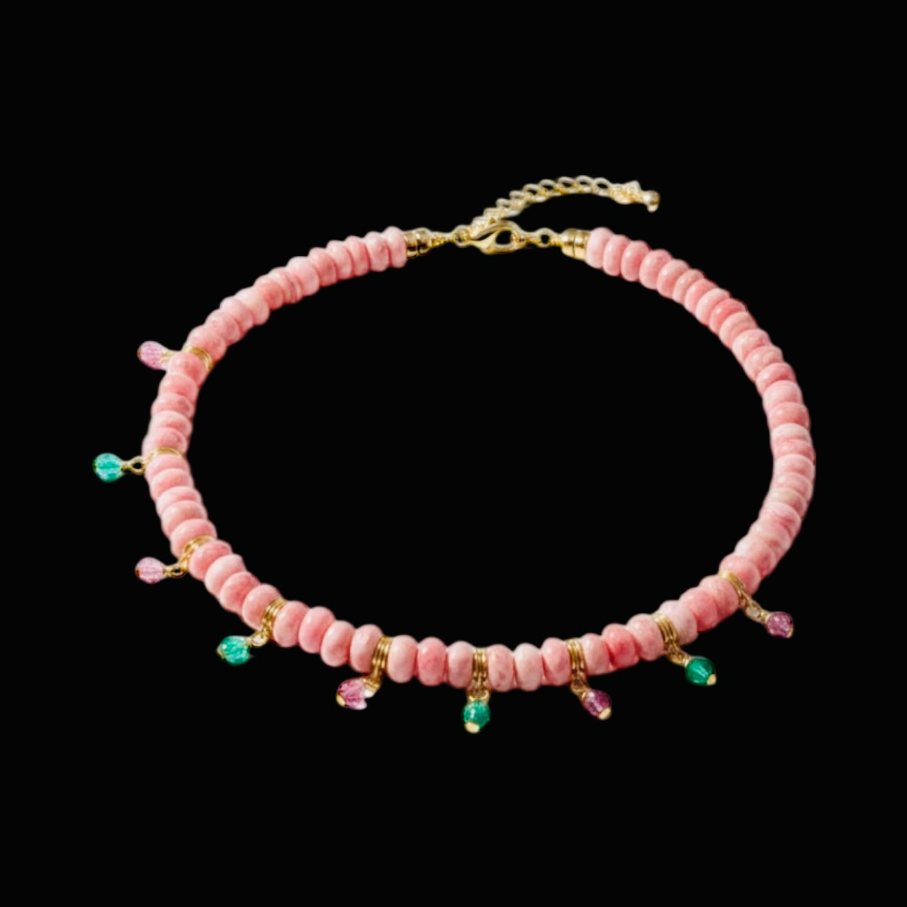 Rhodochrosite Fringe Necklace with Emeralds & Pink Spinel