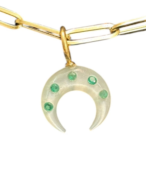 Moonstone moon charm with emeralds