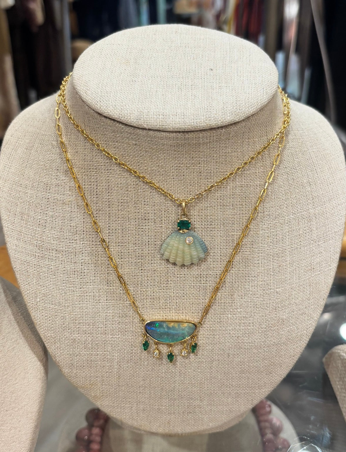 Australian Opal Shell Pendant with Diamond, Emerald (and rainbow!)