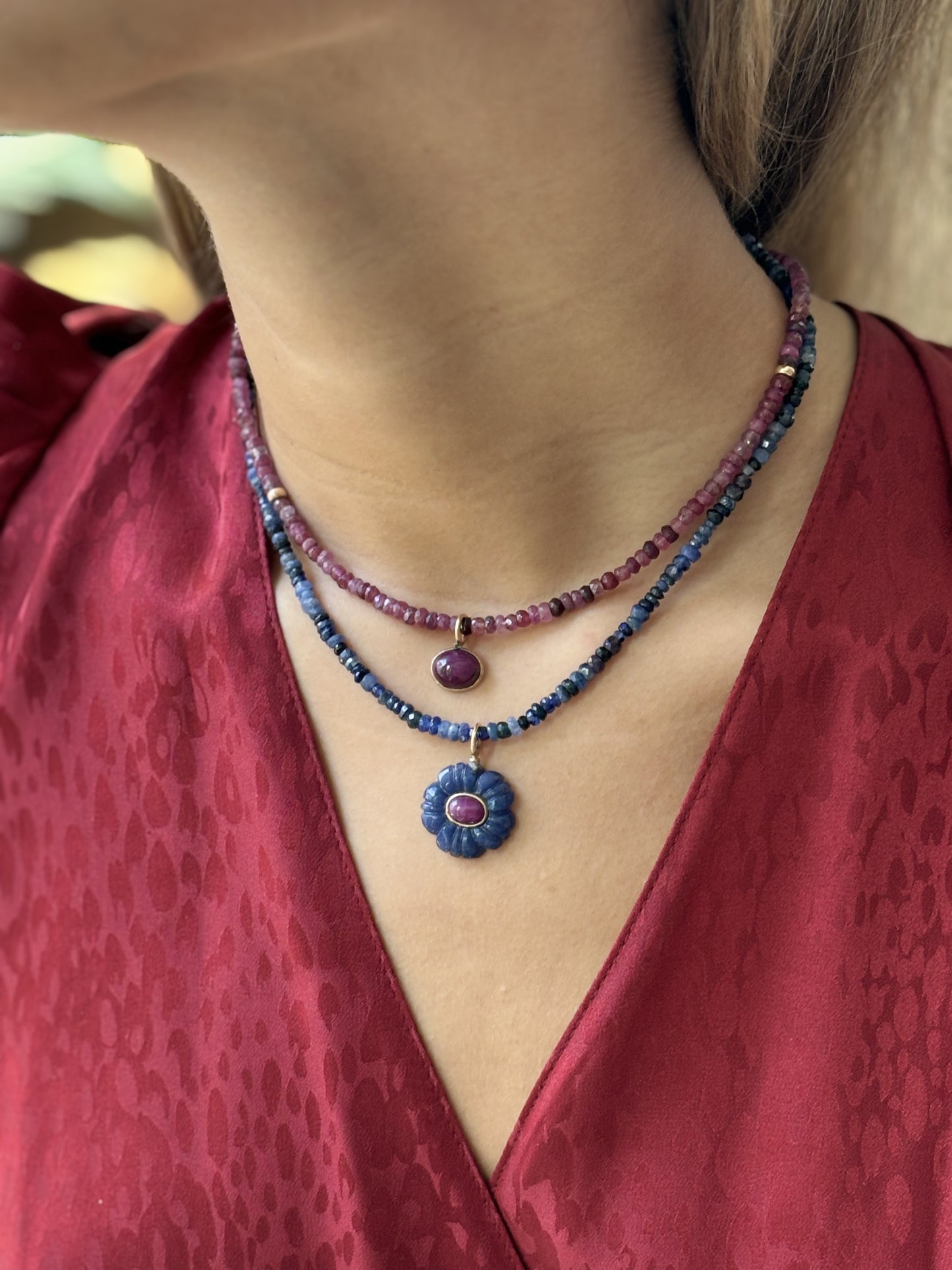 F L O R A Pendant, Blue Aventurine, Ruby & Diamond