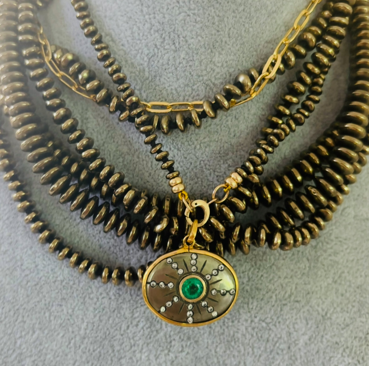 SOL Pendant, Pyrite, Emerald & Diamonds