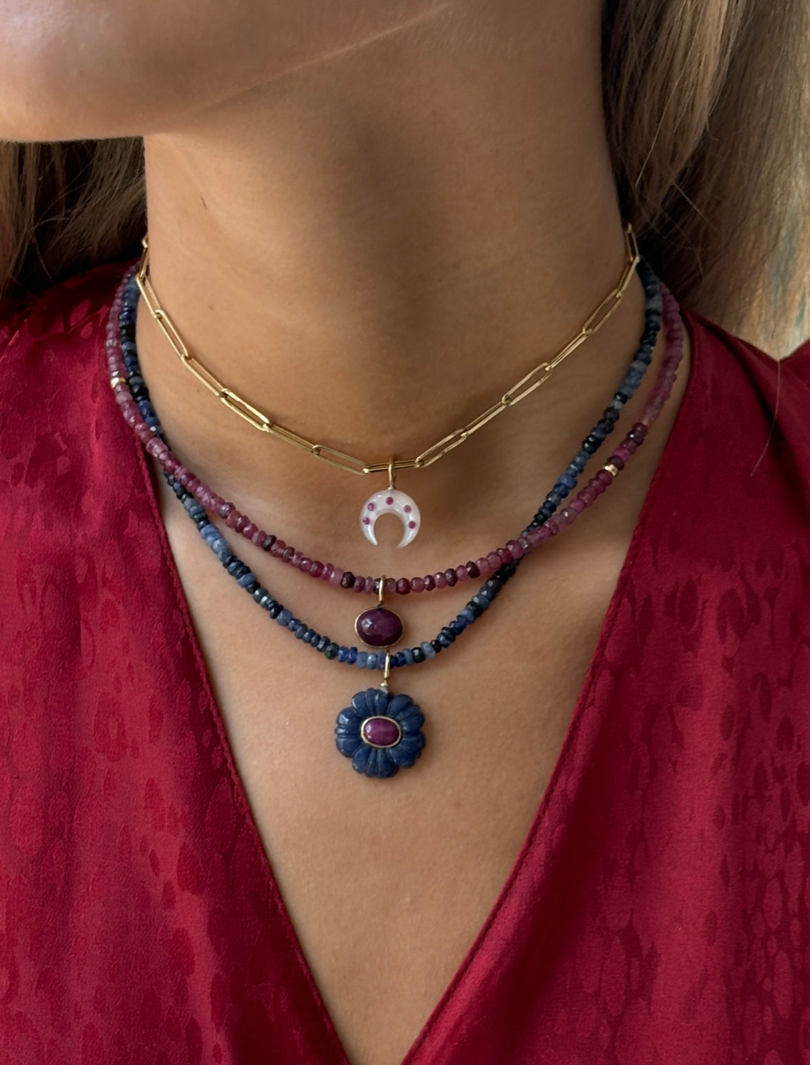 F L O R A Pendant, Blue Aventurine, Ruby & Diamond