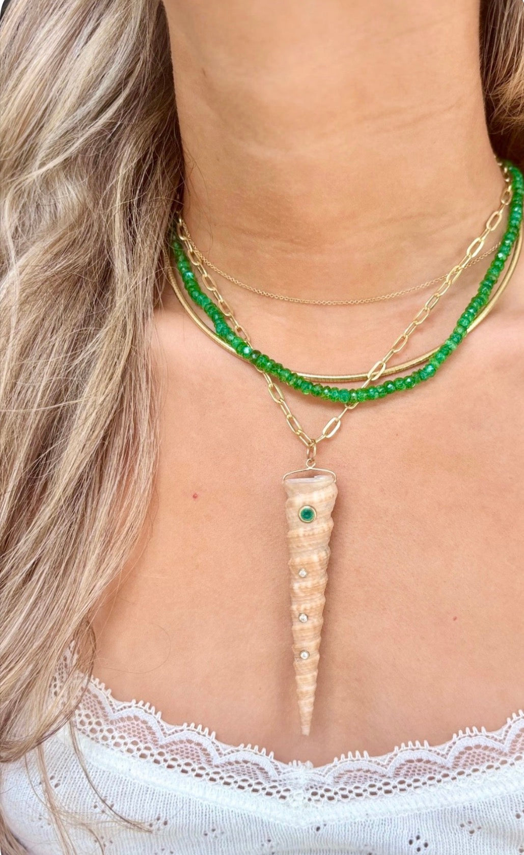 Natural Spiral Shell Pendant with Emerald & Diamonds