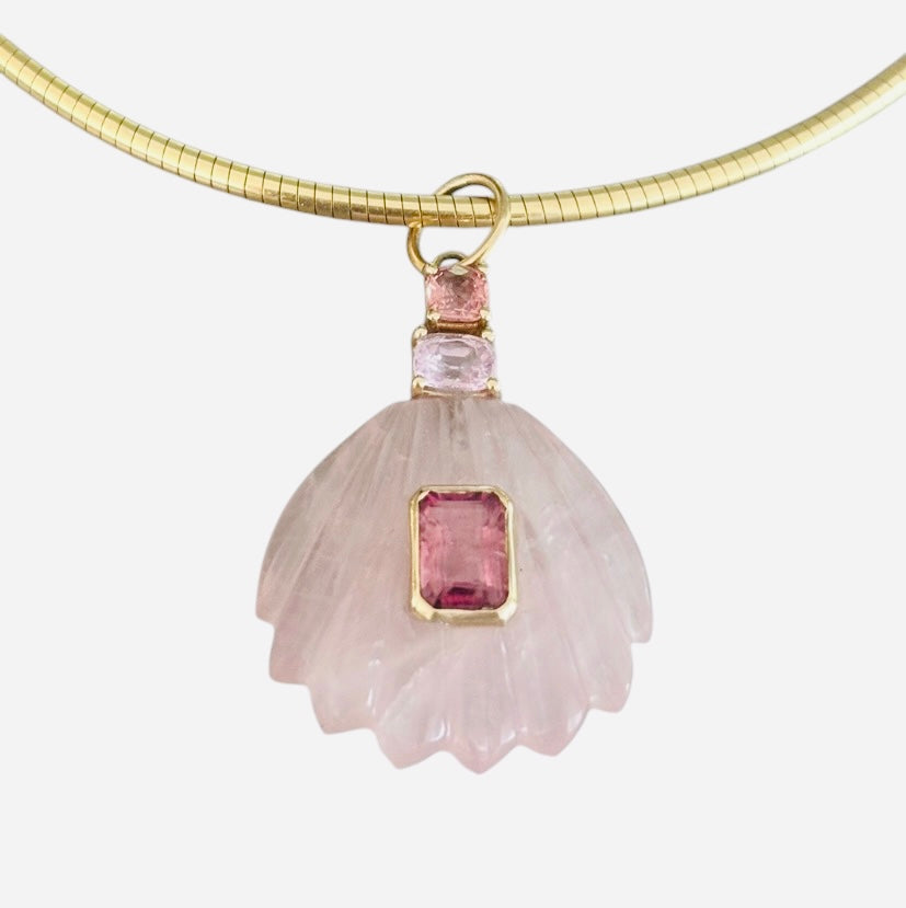 Rose Quartz Sea Shell Pendant with Pink Tourmaline & Spinel