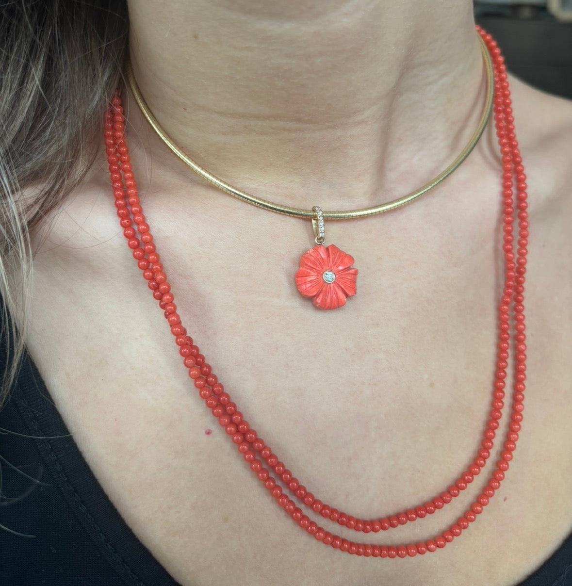 FLORA Pendant, Coral & Diamonds