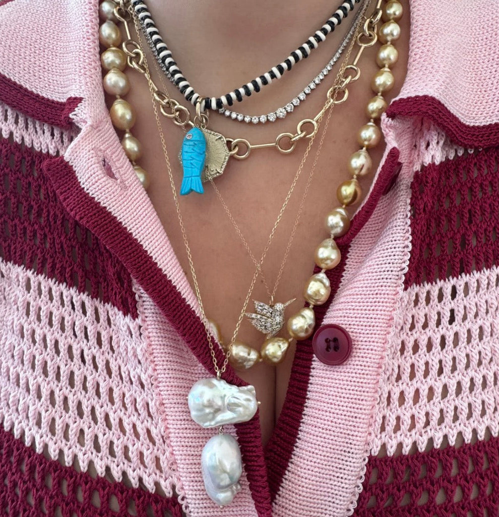 Triple Gem Fish Pendant, Turquoise with Diamond & Pink Sapphire