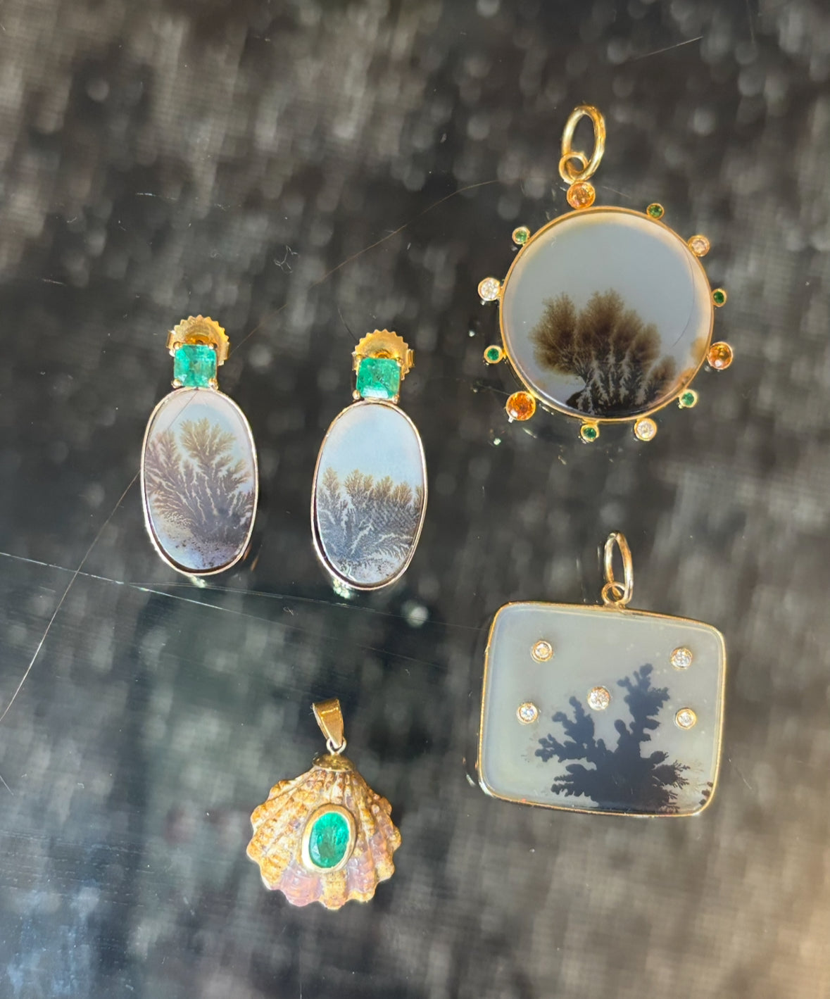 Dendritic Agate Pendant, with Five Diamonds