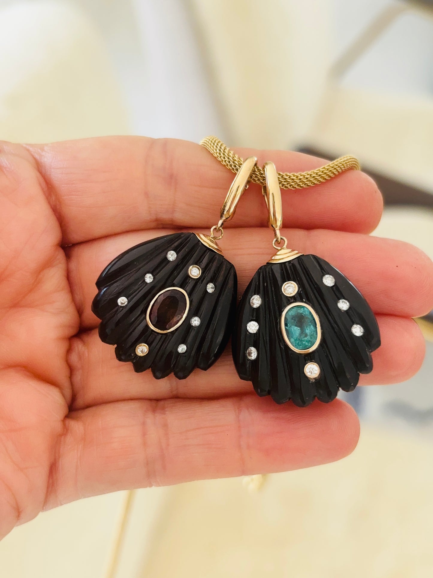 Black Onyx Shell Pendant with Emerald, Diamonds & 14k Gold