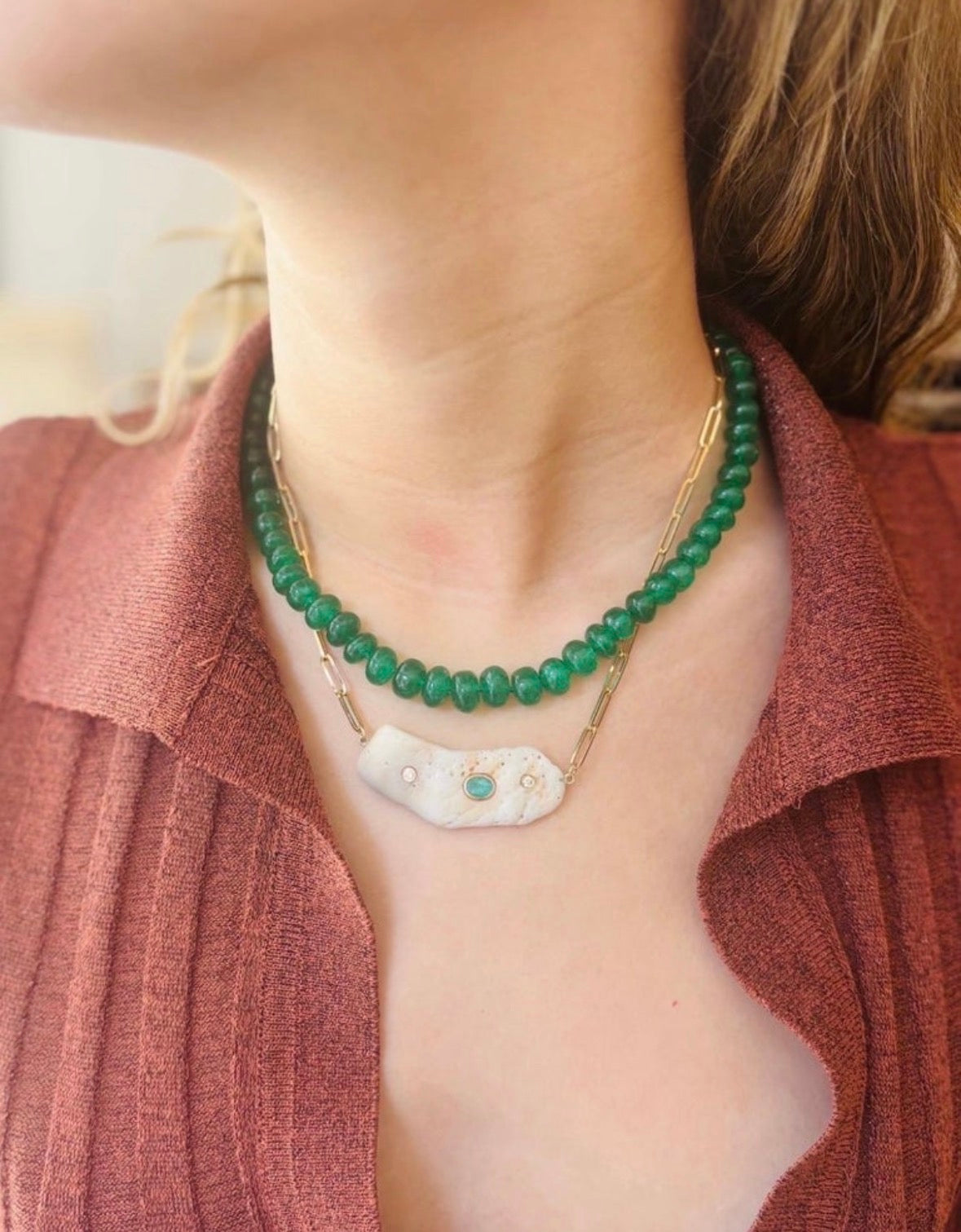 Shell Necklace with Emerald and Diamonds, Paperclip Chain
