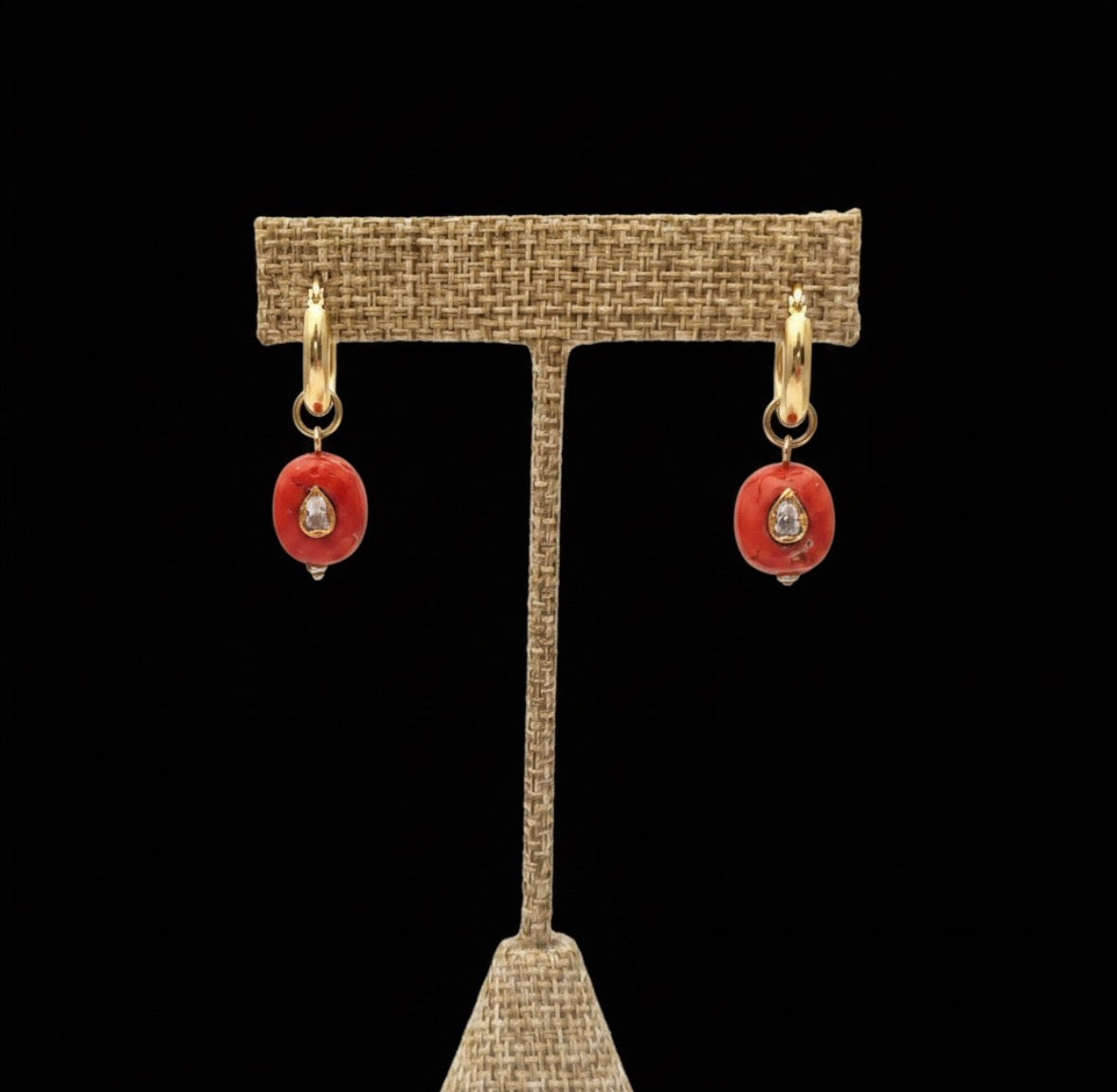 Coral & Polki Diamond Earrings, 16mm Gold Hoops
