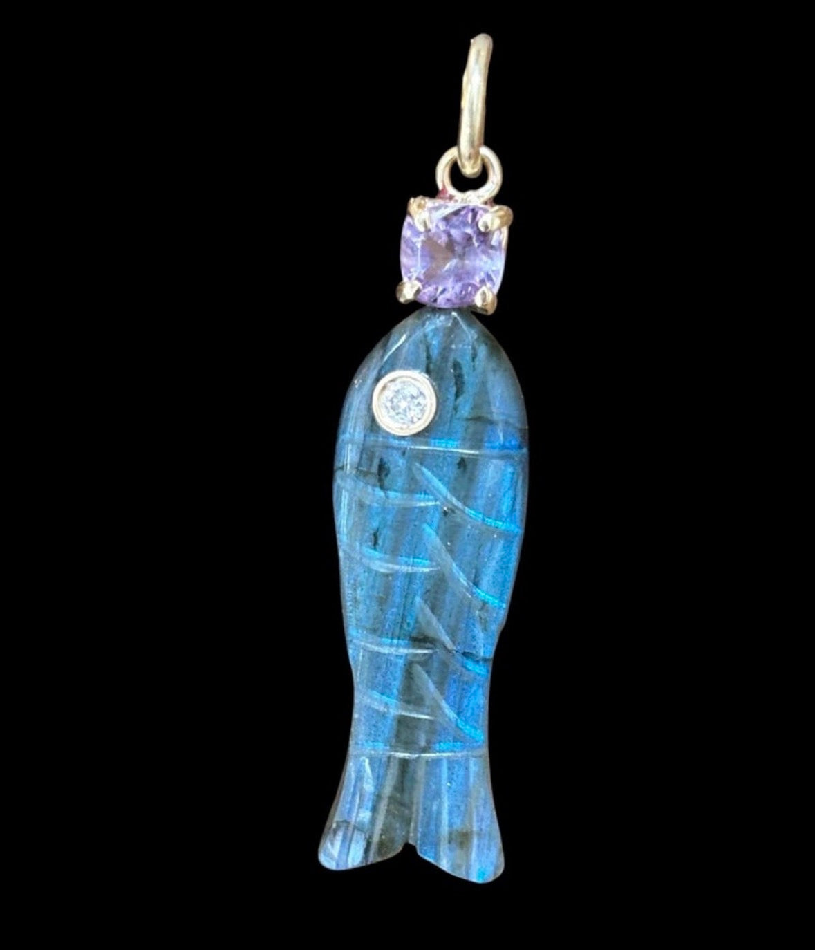 Perfect Poisson, Labradorite Fish Pendant with Diamond and Pink Spinel