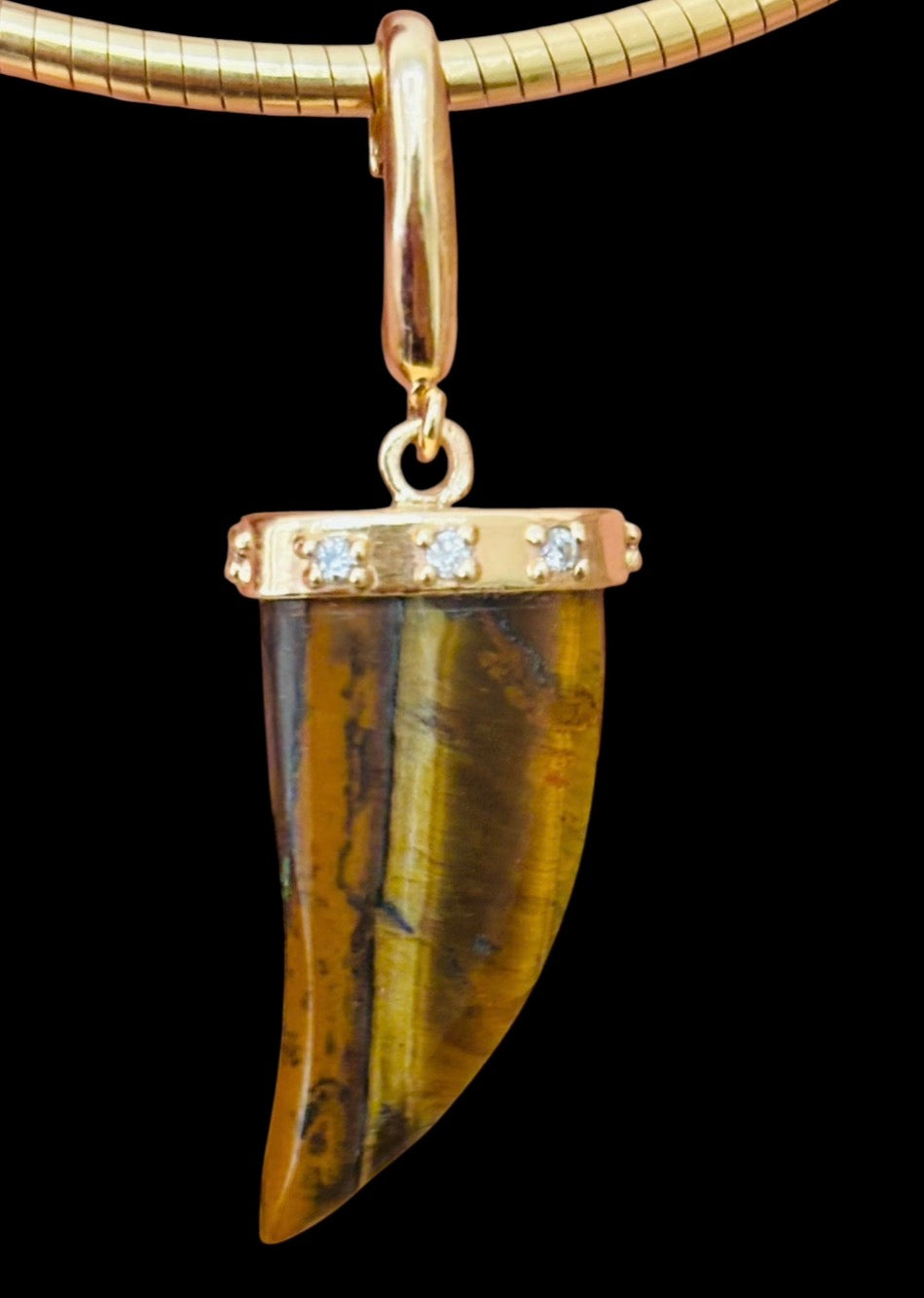 Tiger’s Eye Horn Pendant with Diamonds & 14k Gold