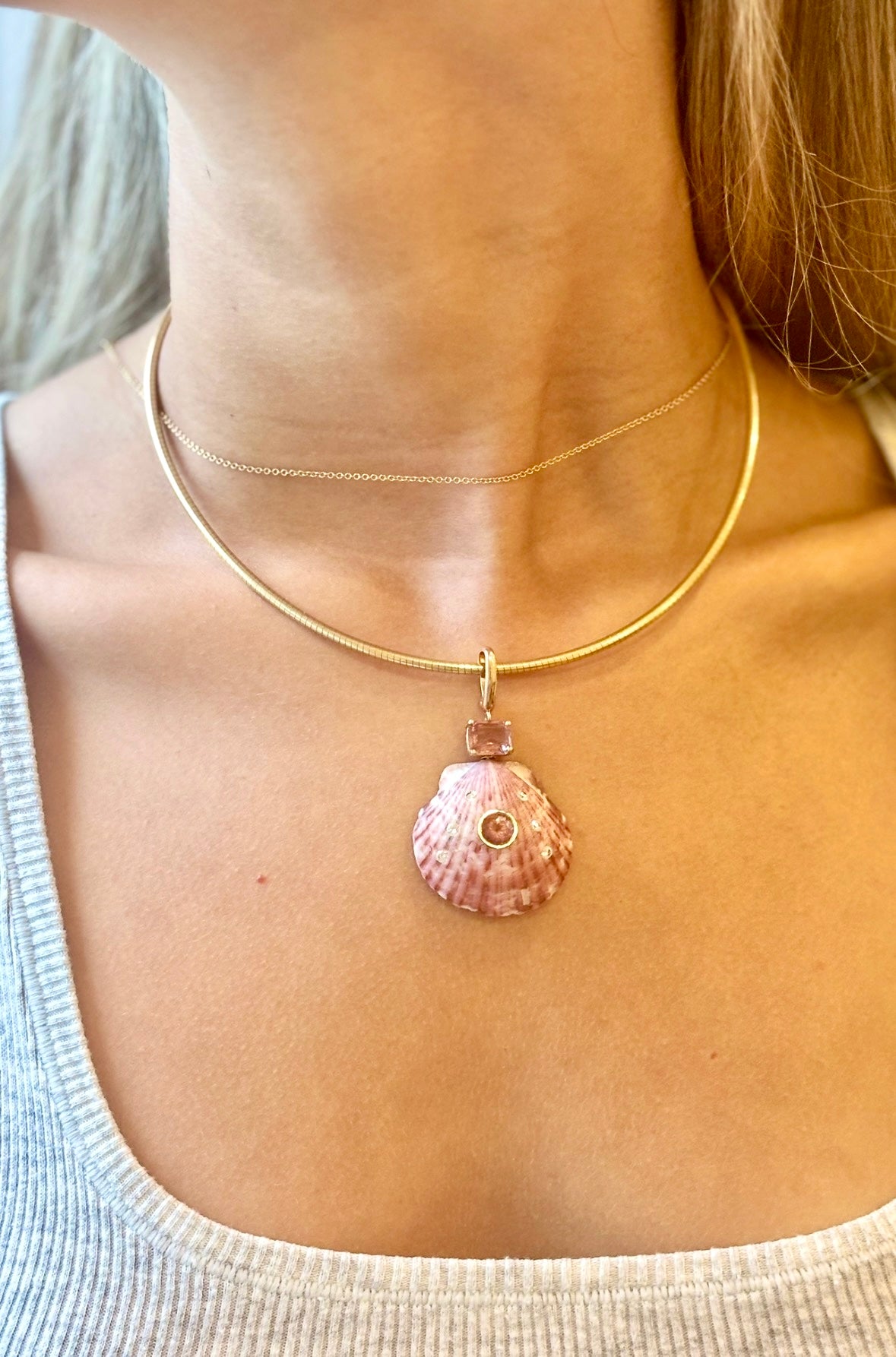 Shell Pendant with Pink Tourmaline & Diamonds