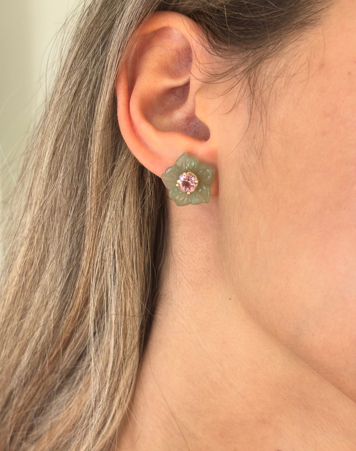 FLORA Stud Earrings, Green Aventurine with Pink Tourmaline & 14k Gold