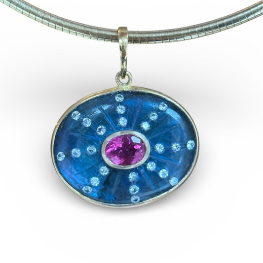 SOL Pendant, Labradorite with Pink Tourmaline & Diamonds