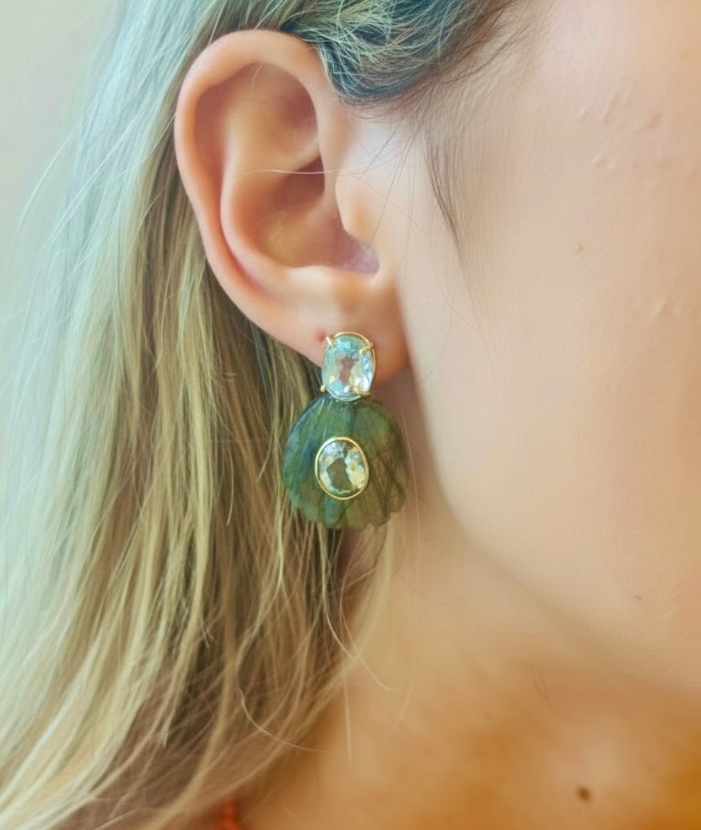 Labradorite Shell Earrings with Sky Blue Topaz