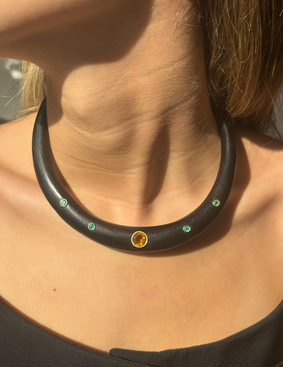 Wood Collar with Citrine & Emeralds