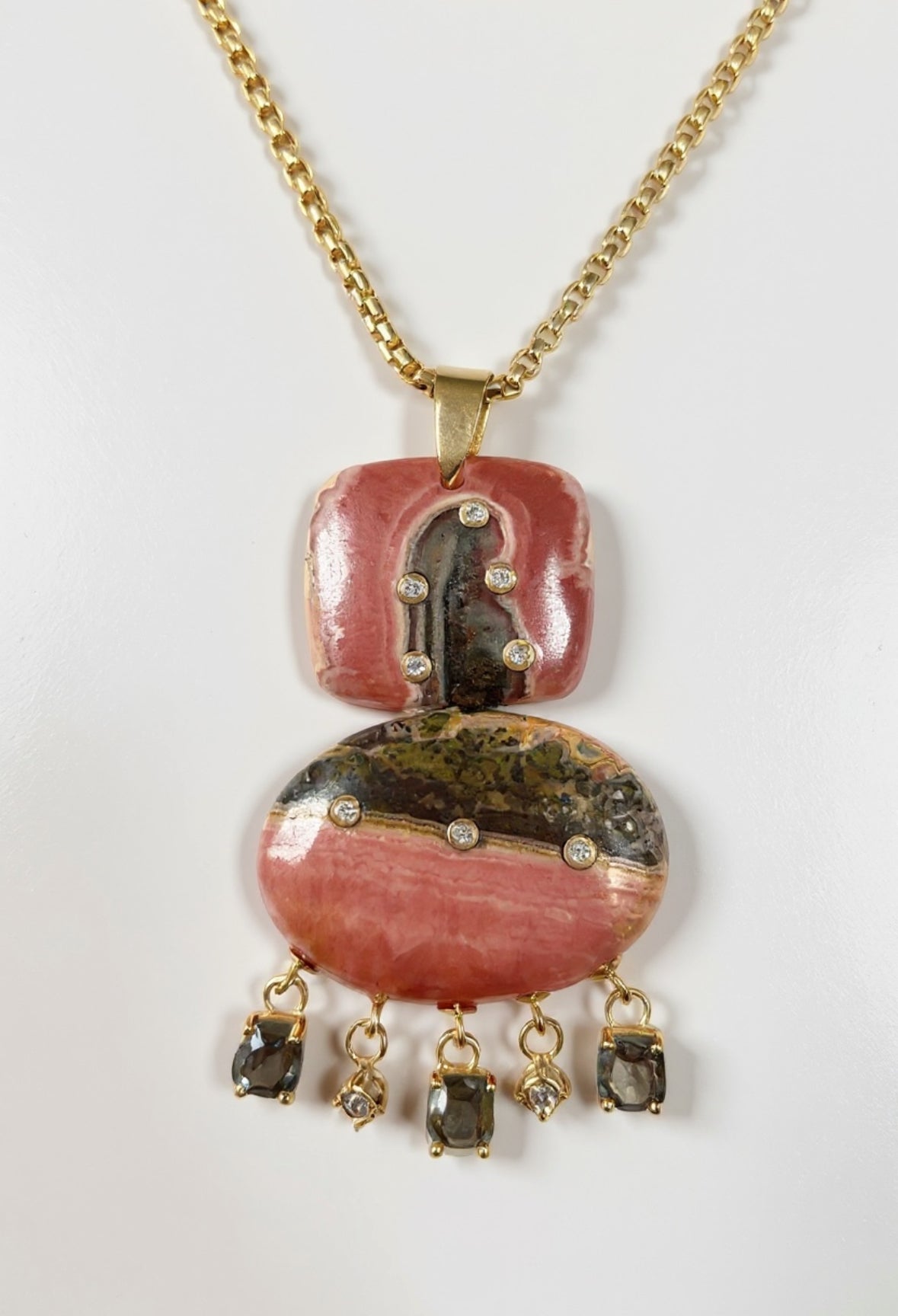 Rhodochrosite Double Pendant with Diamonds & Spinel