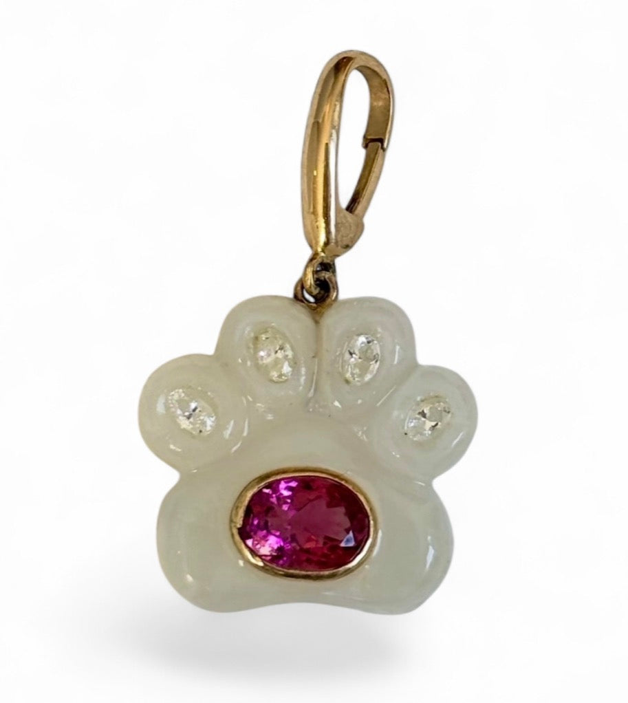 Dog Paw Pendant, Moonstone, Diamonds & Pink Tourmaline