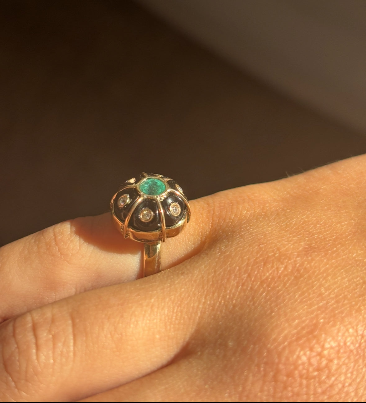 FLORA Ring: Black Onyx, Emerald & Diamonds