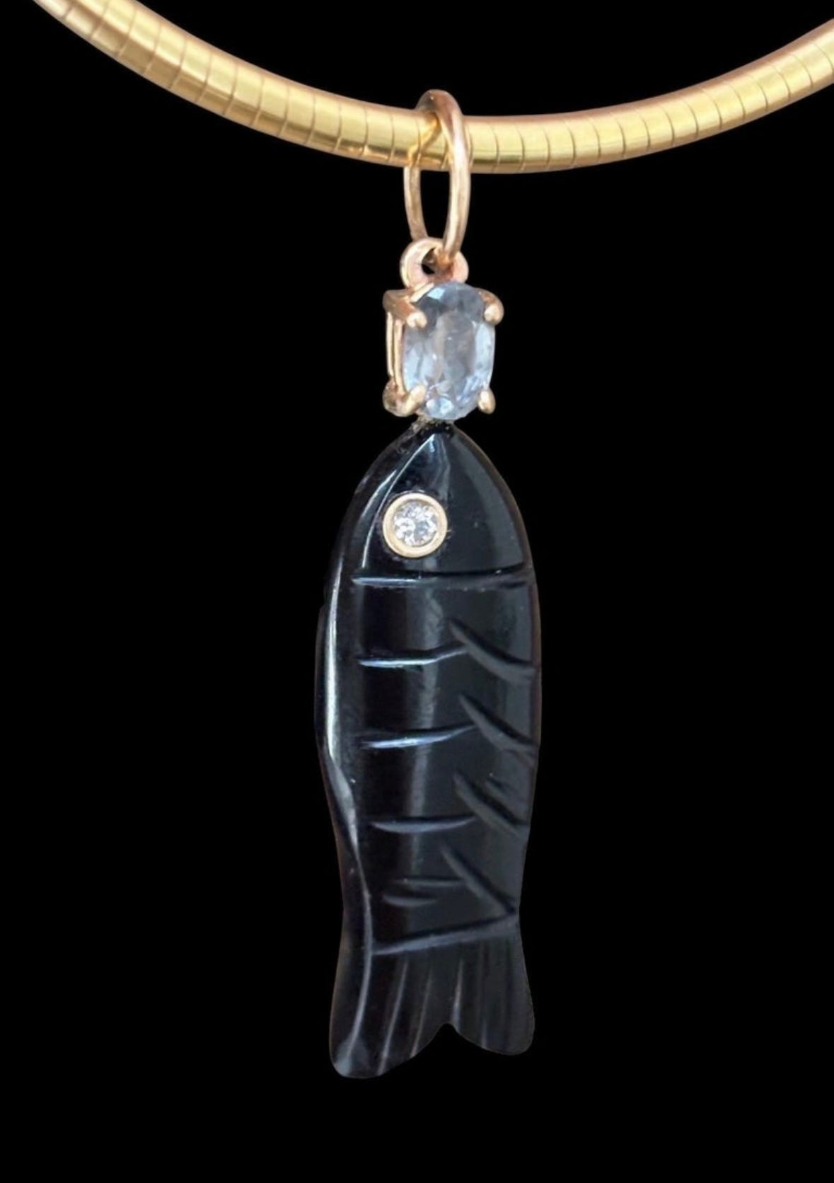 Perfect Poisson Pendant, Black Onyx, Diamond, Silver Spinel and 14k Gold