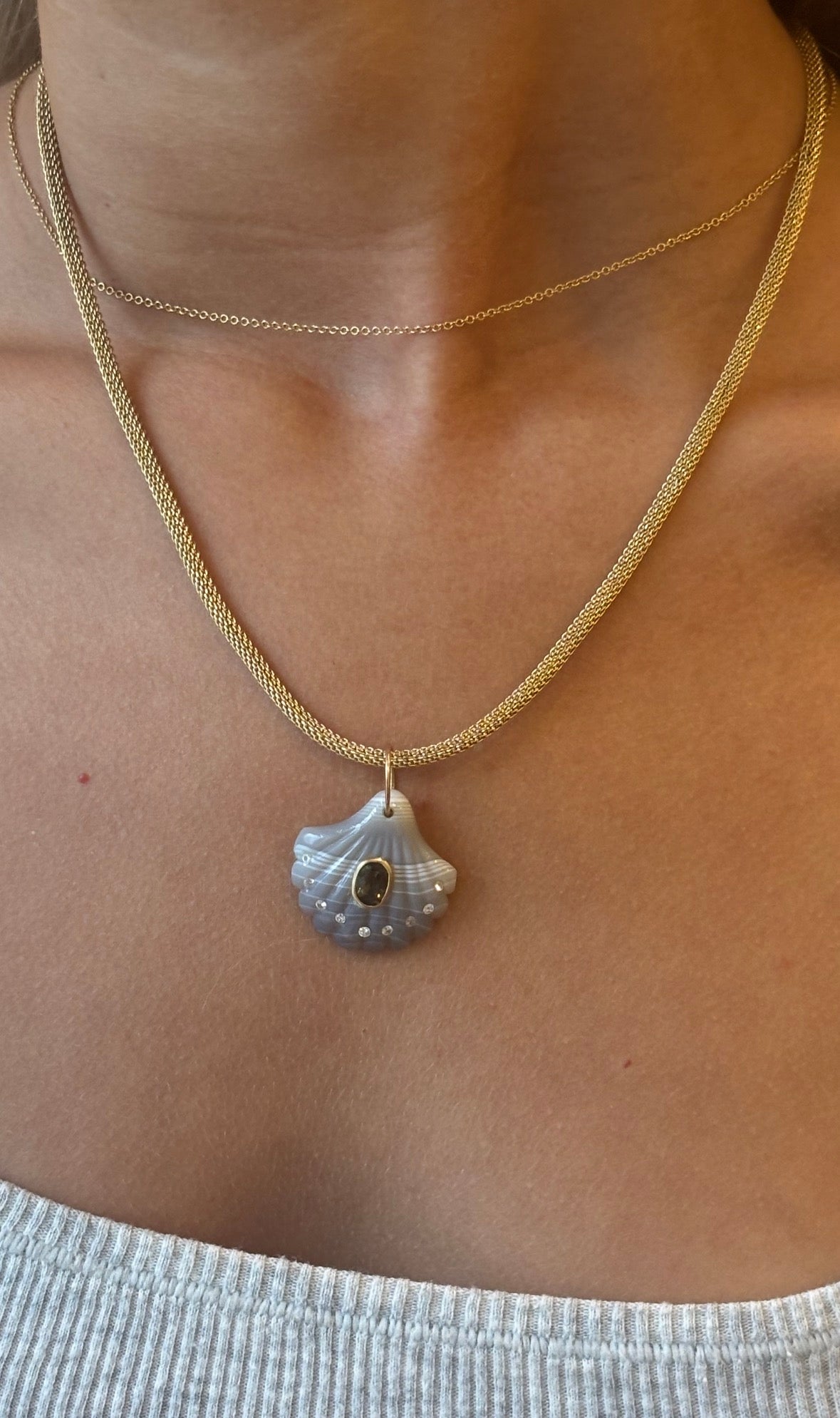 Laguna Agate Shell Pendant with Light Grey Spinel & Diamonds
