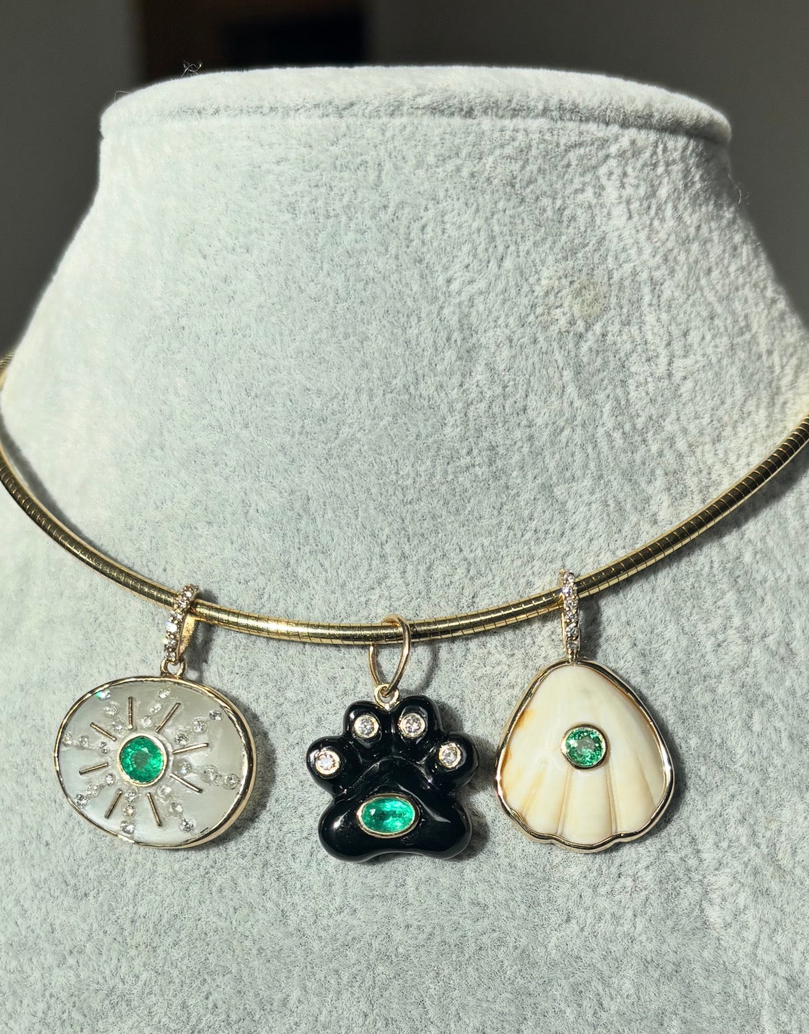 Dog Paw Pendant, Black Onyx, Diamonds & Emerald