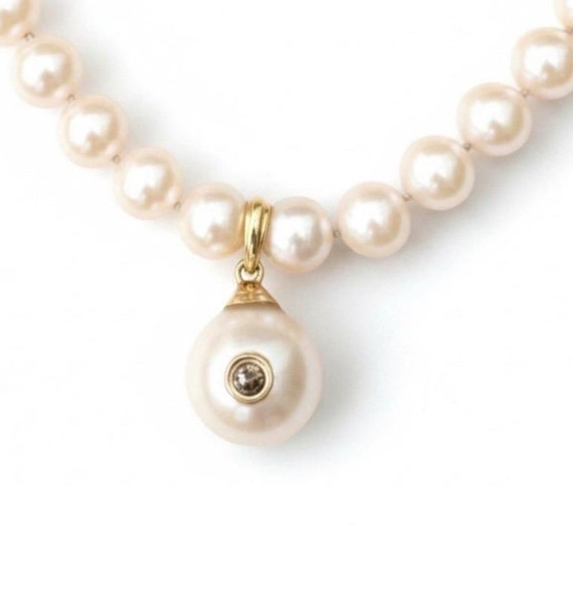 Cultured Pearl Necklace & Tahitian Pearl Pendant with Champagne Diamond, 14k Gold