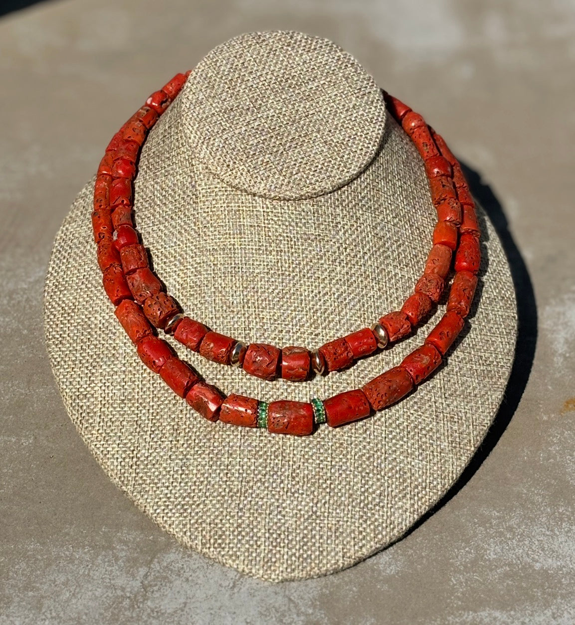 Coral and Emerald Necklace with 14k Gold