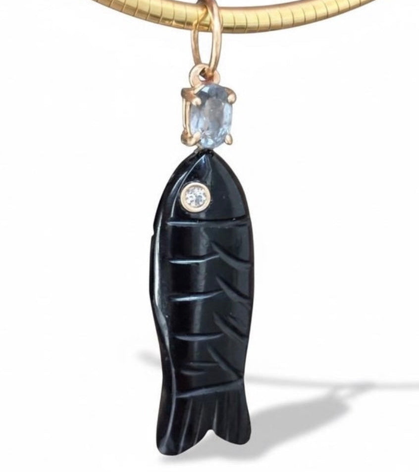 Perfect Poisson Pendant, Black Onyx, Diamond, Silver Spinel and 14k Gold