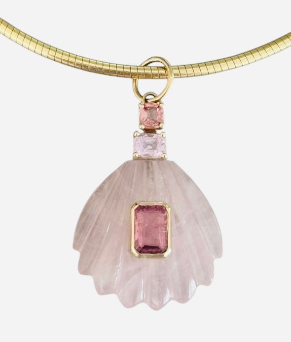Rose Quartz Sea Shell Pendant with Pink Tourmaline & Spinel