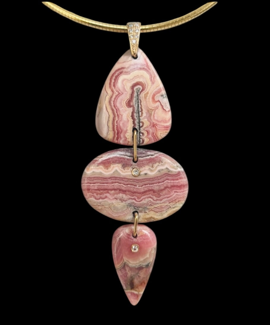 Rhodochrosite Triple Pendant with Diamonds