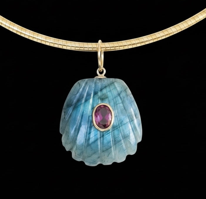 Labradorite Shell Pendant with Pink Tourmaline & 14k Gold