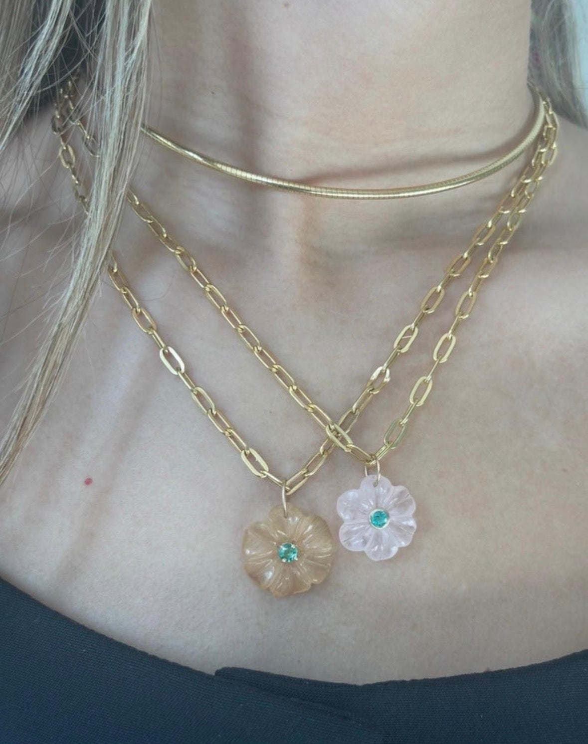 FLORA Pendant, Peach Moonstone with Emerald and 14k Gold
