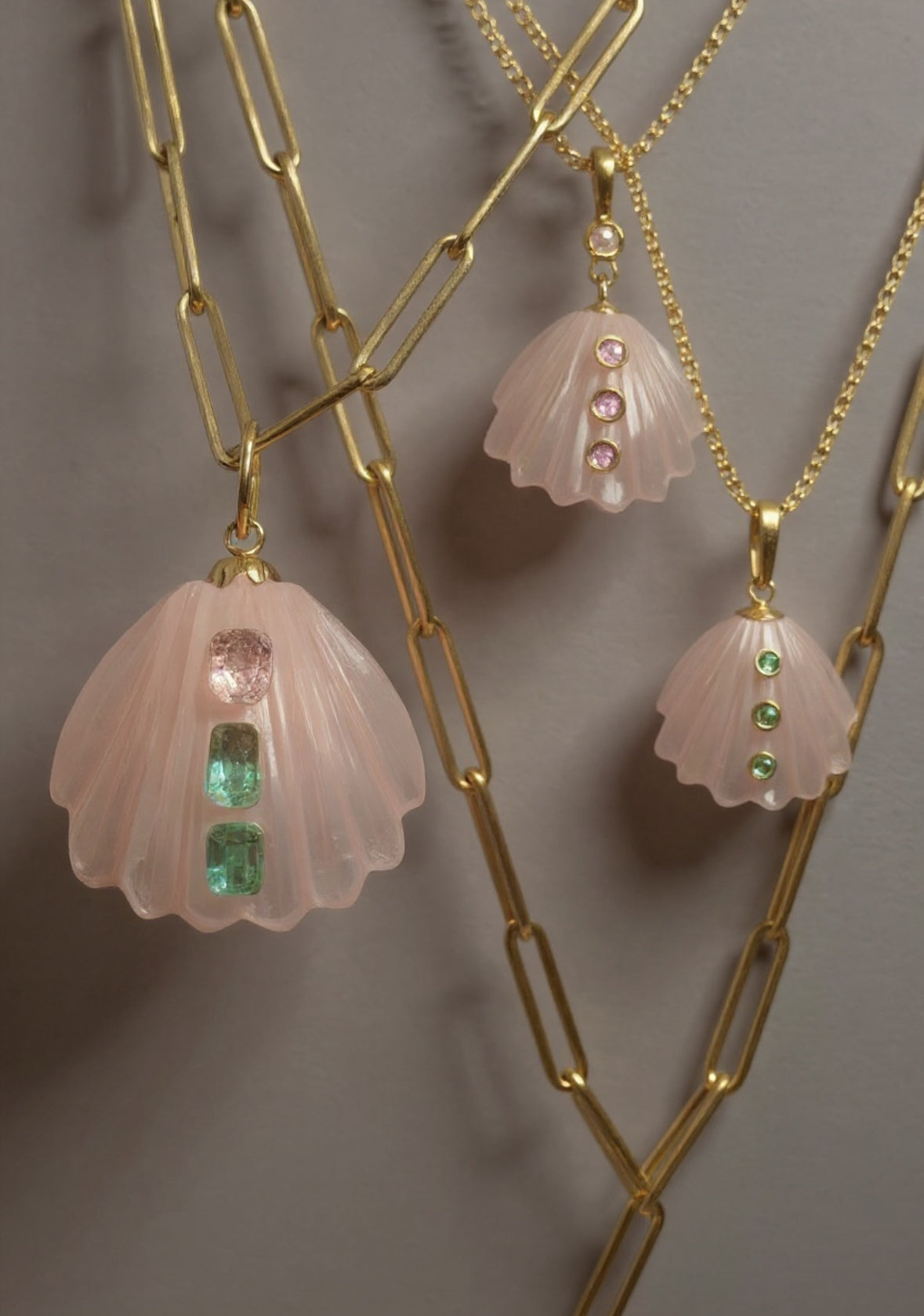 Carved Shell Pendant: Rose Quartz with Tourmaline & Emerald