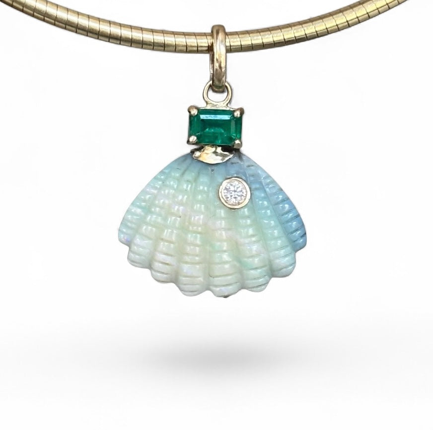 Australian Opal Shell Pendant with Diamond, Emerald (and rainbow!)
