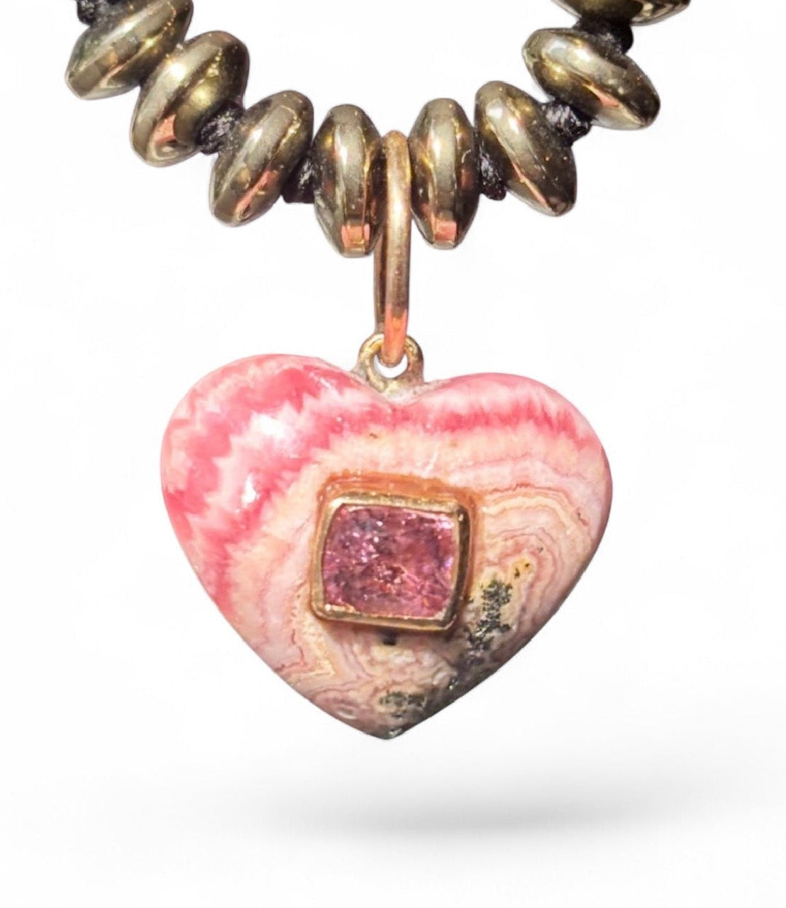 Rhodochrosite Heart Charm with Pink Spinel