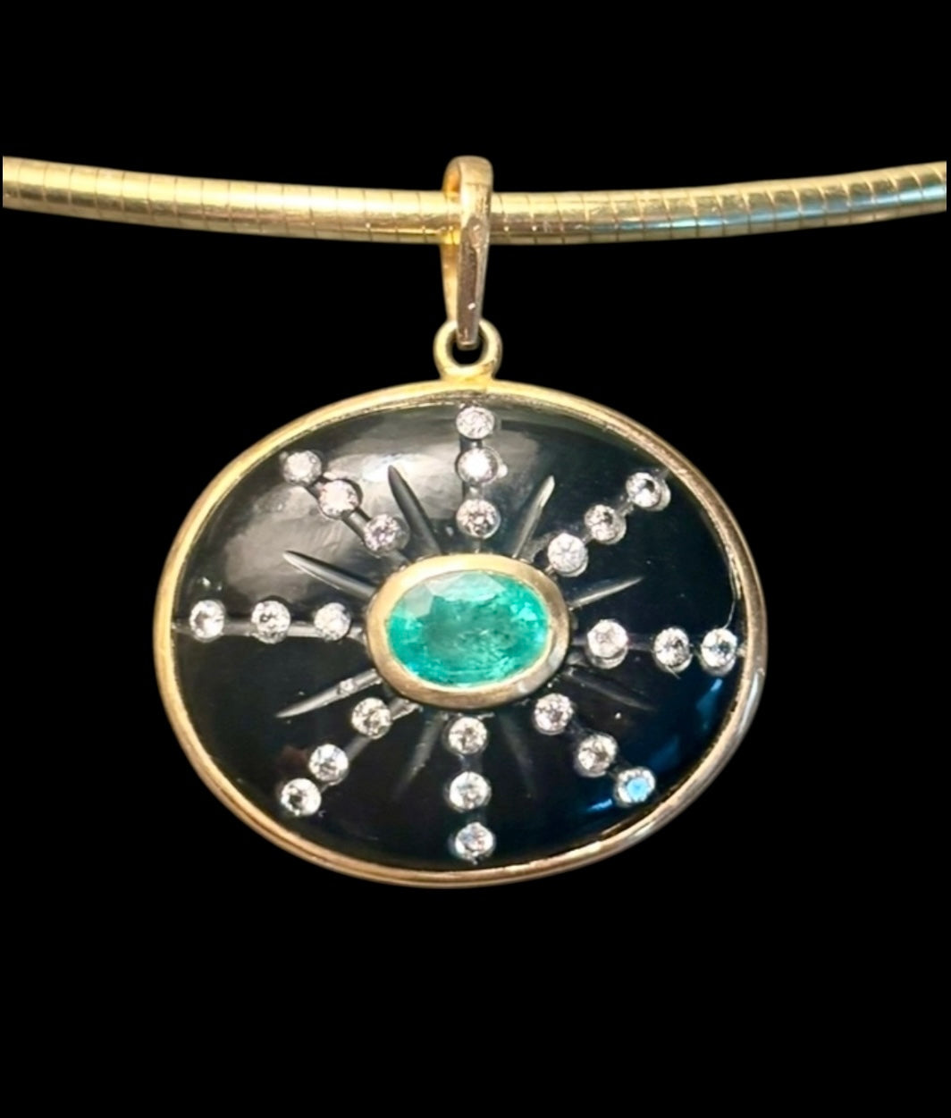 SOL Pendant, Black Onyx with Oval Emerald & Diamond Sunrays