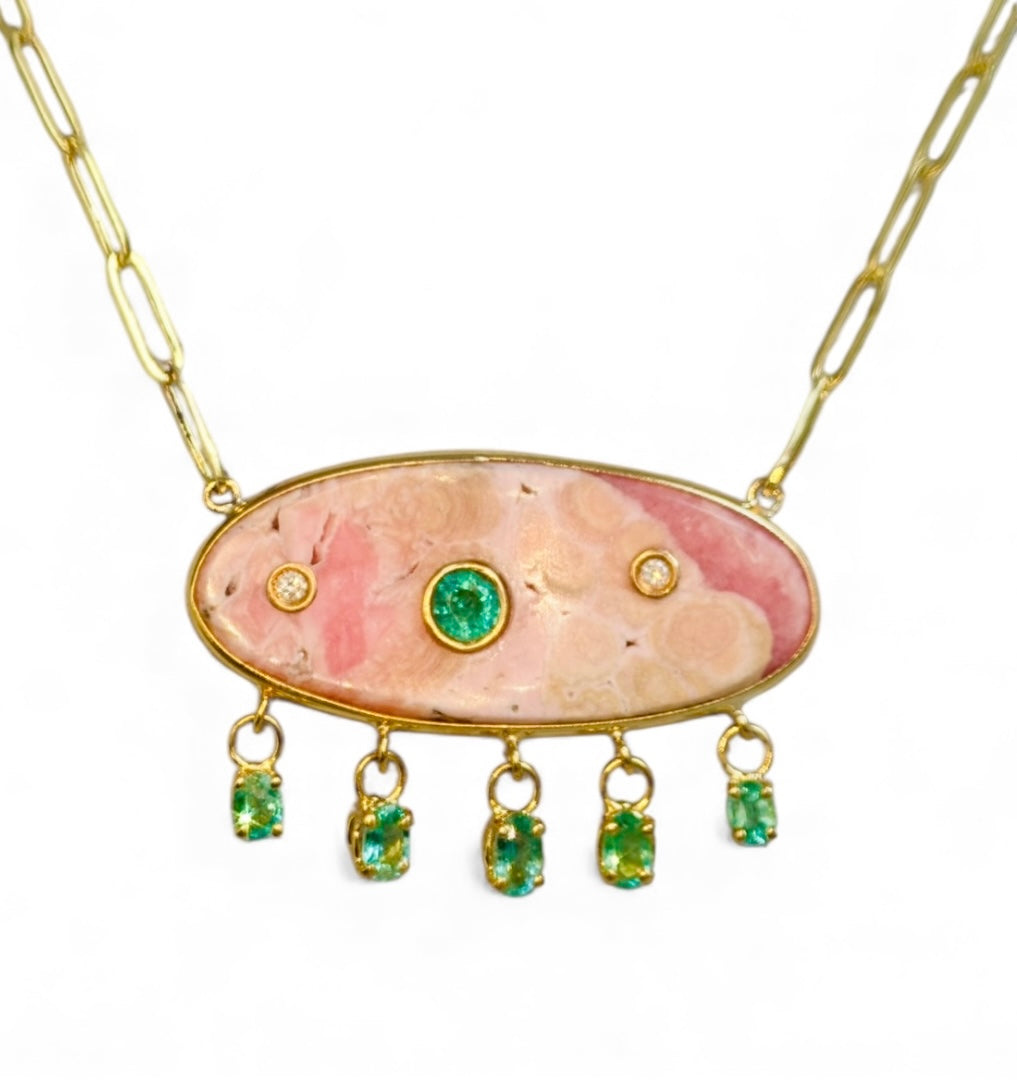 Rhodochrosite Necklace, with Emeralds & Diamonds on a Paperclip Chain